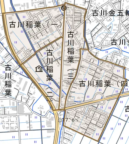 古川稲葉とその周辺の地図。町の範囲を重ねている