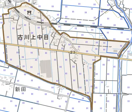 古川上中目とその周辺の地図。町の範囲を重ねている