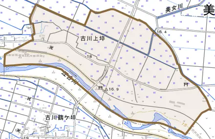 古川上埣とその周辺の地図。町の範囲を重ねている