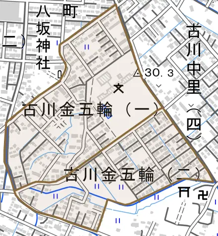 古川金五輪とその周辺の地図。町の範囲を重ねている