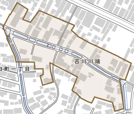 古川川端とその周辺の地図。町の範囲を重ねている