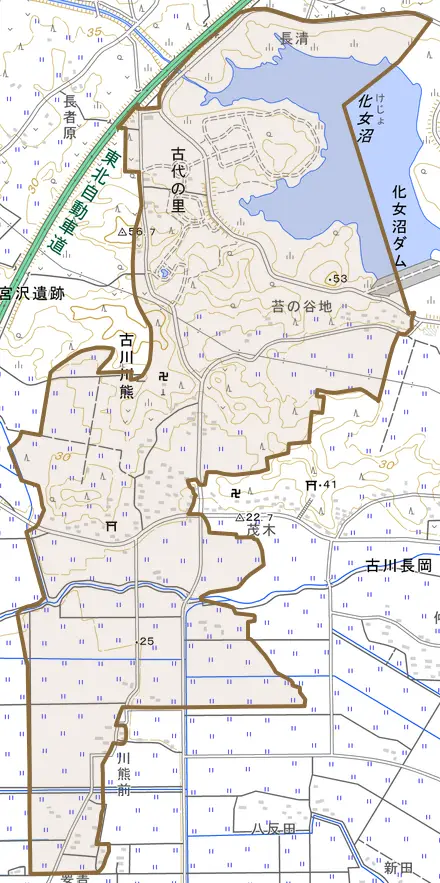 古川川熊とその周辺の地図。町の範囲を重ねている