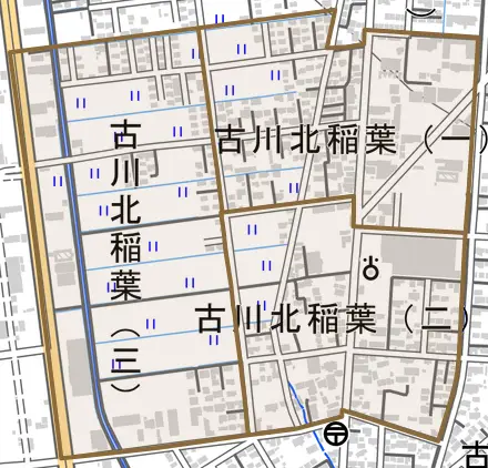 古川北稲葉とその周辺の地図。町の範囲を重ねている
