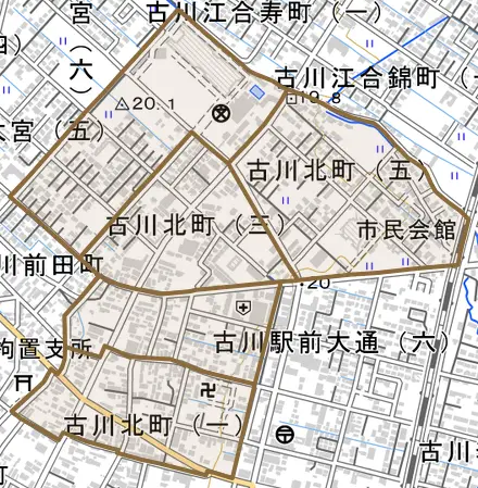 古川北町とその周辺の地図。町の範囲を重ねている