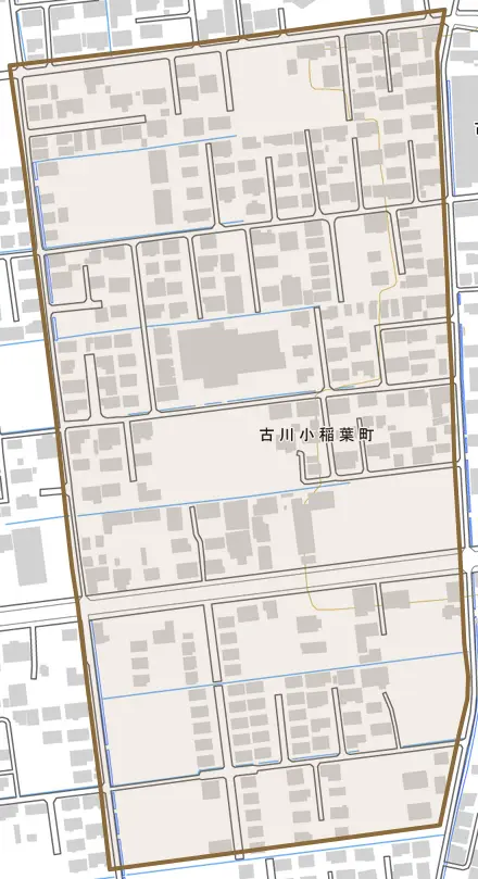 古川小稲葉町とその周辺の地図。町の範囲を重ねている