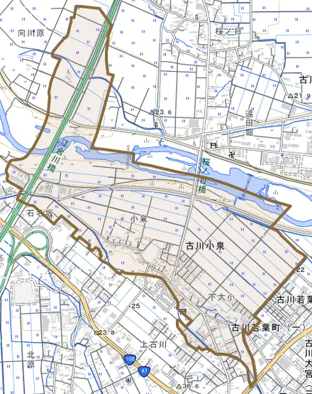 古川小泉とその周辺の地図。町の範囲を重ねている