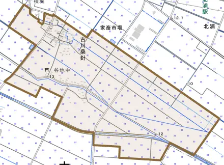 古川桑針とその周辺の地図。町の範囲を重ねている