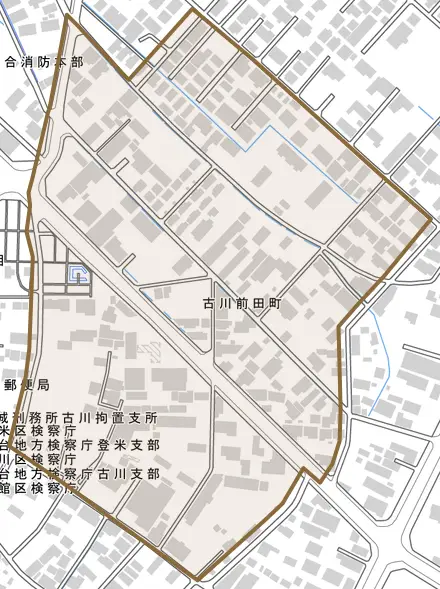 古川前田町とその周辺の地図。町の範囲を重ねている