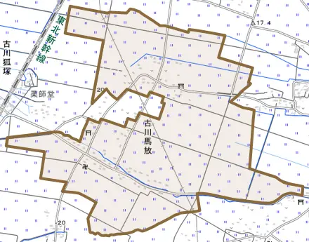 古川馬放とその周辺の地図。町の範囲を重ねている