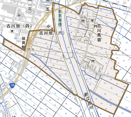 古川馬寄とその周辺の地図。町の範囲を重ねている