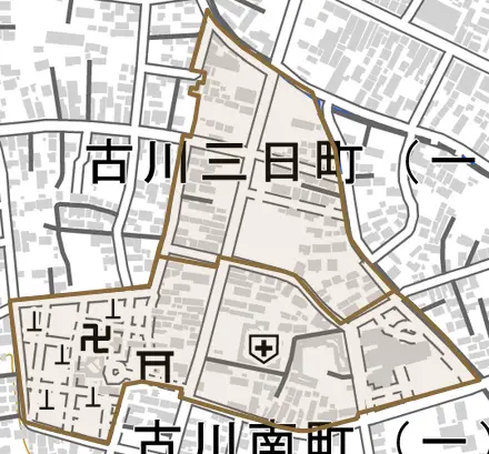 古川三日町とその周辺の地図。町の範囲を重ねている