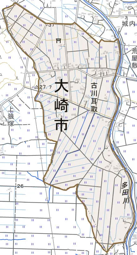 古川耳取とその周辺の地図。町の範囲を重ねている