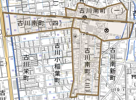 古川南町とその周辺の地図。町の範囲を重ねている