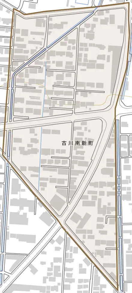 古川南新町とその周辺の地図。町の範囲を重ねている