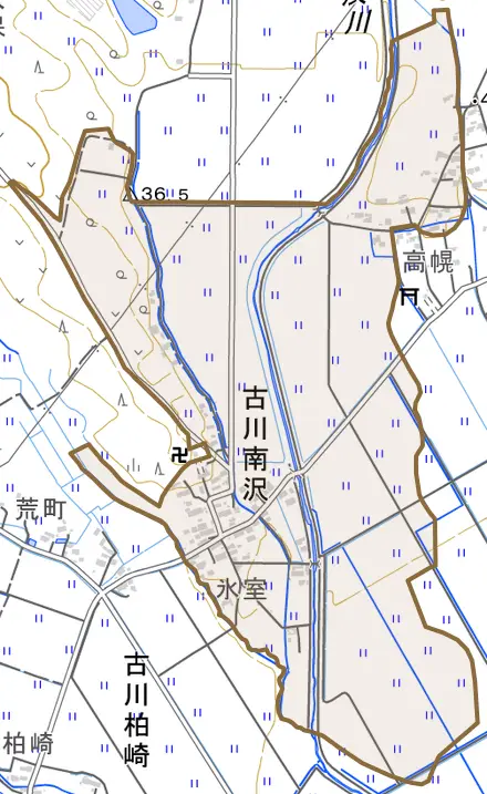 古川南沢とその周辺の地図。町の範囲を重ねている