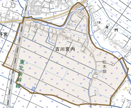 古川宮内とその周辺の地図。町の範囲を重ねている
