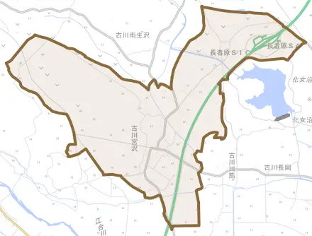 古川宮沢とその周辺の地図。町の範囲を重ねている