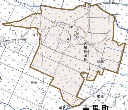 古川長岡針とその周辺の地図。町の範囲を重ねている