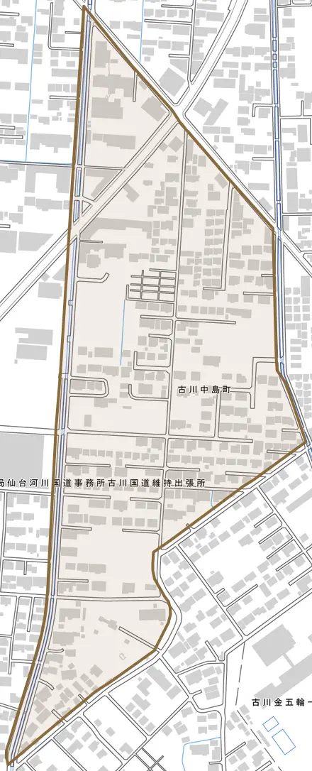 古川中島町とその周辺の地図。町の範囲を重ねている