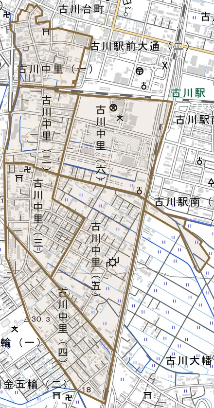 古川中里とその周辺の地図。町の範囲を重ねている