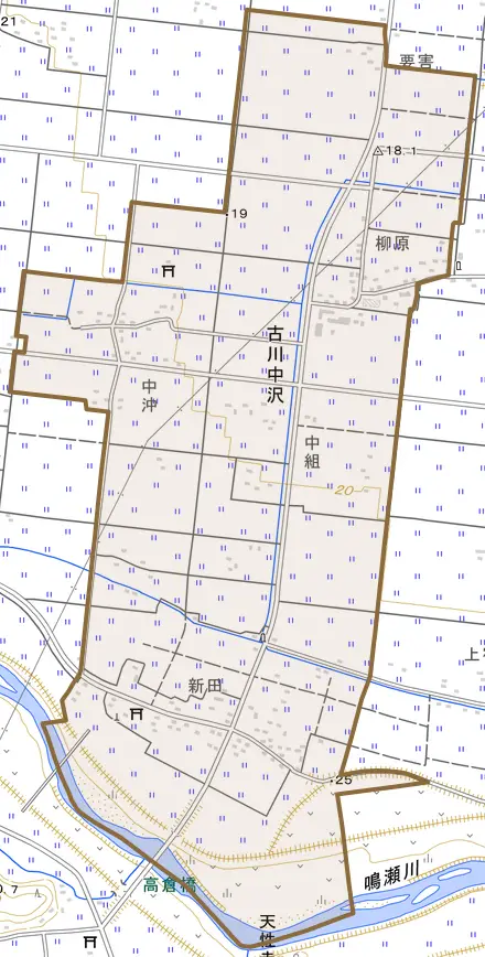 古川中沢とその周辺の地図。町の範囲を重ねている