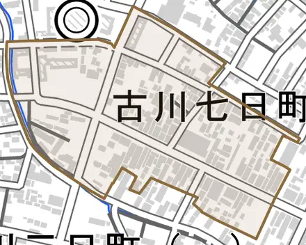 古川七日町とその周辺の地図。町の範囲を重ねている