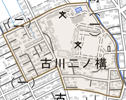 古川二ノ構とその周辺の地図。町の範囲を重ねている