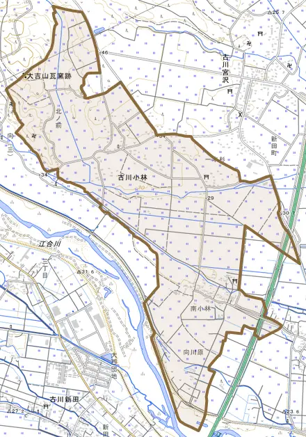 古川小林とその周辺の地図。町の範囲を重ねている