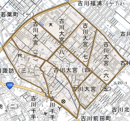 古川大宮とその周辺の地図。町の範囲を重ねている