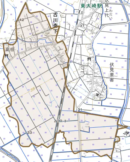 古川斎下とその周辺の地図。町の範囲を重ねている