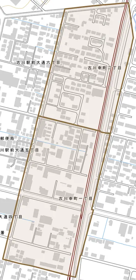 古川幸町とその周辺の地図。町の範囲を重ねている