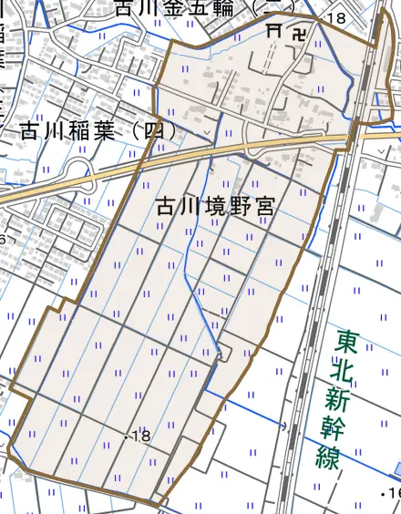 古川境野宮とその周辺の地図。町の範囲を重ねている