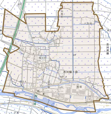 古川桜ノ目とその周辺の地図。町の範囲を重ねている