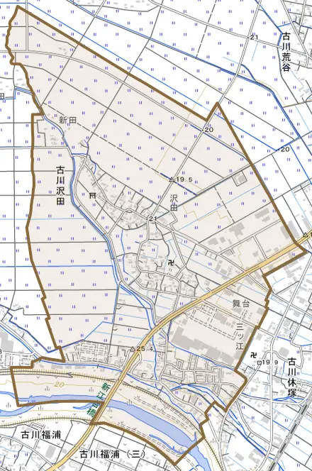 古川沢田とその周辺の地図。町の範囲を重ねている