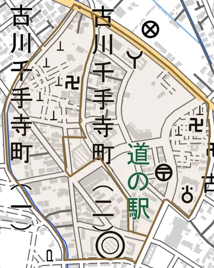 古川千手寺町とその周辺の地図。町の範囲を重ねている