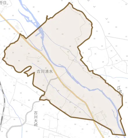 古川清水とその周辺の地図。町の範囲を重ねている