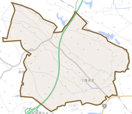 古川清水沢とその周辺の地図。町の範囲を重ねている
