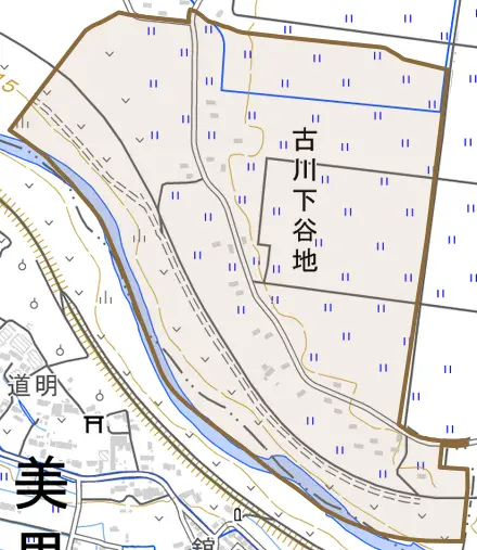 古川下谷地とその周辺の地図。町の範囲を重ねている