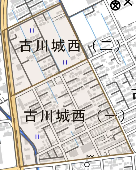 古川城西とその周辺の地図。町の範囲を重ねている
