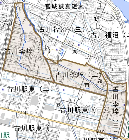 古川李埣とその周辺の地図。町の範囲を重ねている