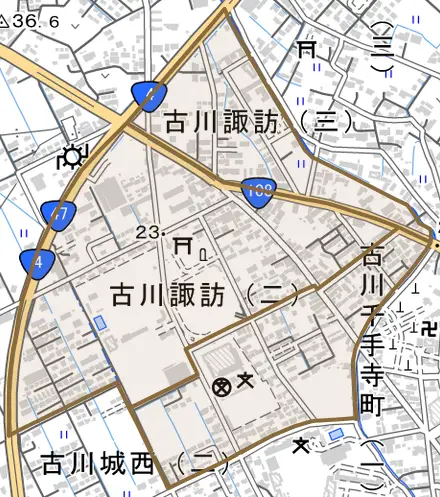 古川諏訪とその周辺の地図。町の範囲を重ねている