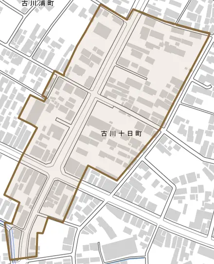 古川十日町とその周辺の地図。町の範囲を重ねている
