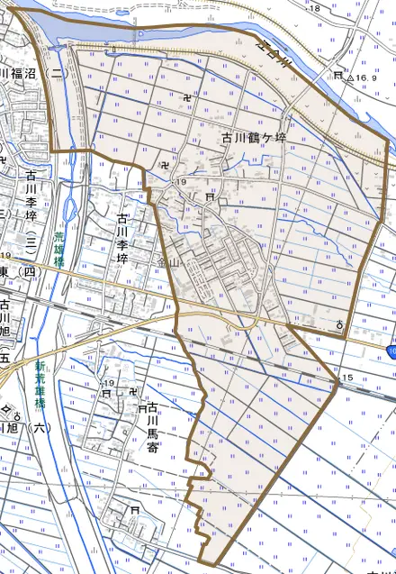 古川鶴ケ埣とその周辺の地図。町の範囲を重ねている