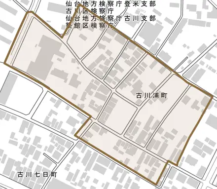 古川浦町とその周辺の地図。町の範囲を重ねている