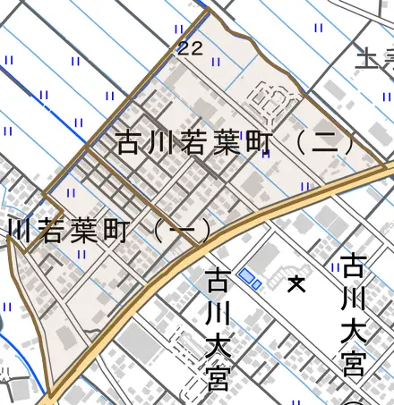 古川若葉町とその周辺の地図。町の範囲を重ねている