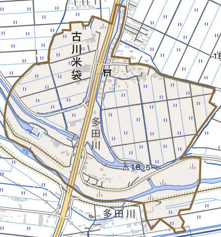古川米袋とその周辺の地図。町の範囲を重ねている