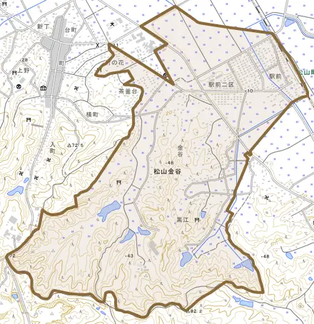 松山金谷とその周辺の地図。町の範囲を重ねている