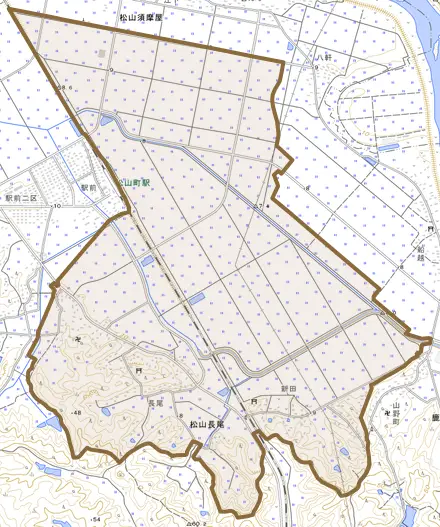 松山長尾とその周辺の地図。町の範囲を重ねている