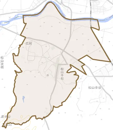 松山千石とその周辺の地図。町の範囲を重ねている