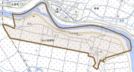 松山須摩屋とその周辺の地図。町の範囲を重ねている